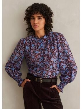 ME+EM Silk Cotton Shadow Bloom Print Blouse